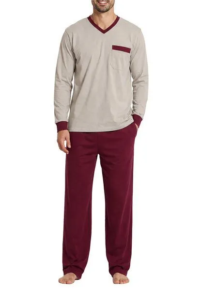 Haasis Bodywear Haasis Bodywear Herren Pyjama V-Ausschnitt, Bio Baumwolle, Sandgrau/merlot, – Produktbild 2 von 3