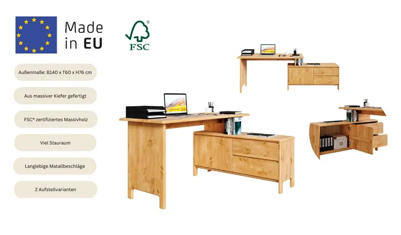 OTTO home Schreibtisch Luven, aus Massivholz, in 2 Breiten, variable Nutzung als Schreibtisch oder Eckschreibtisch, Beige, – Produktbild 4 von 8