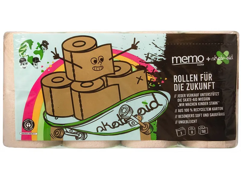 Memo Memo + skate-aid Recycling-Toilettenpapier 3-lagig, 8 x 150 Blatt – Produktbild 1 von 1
