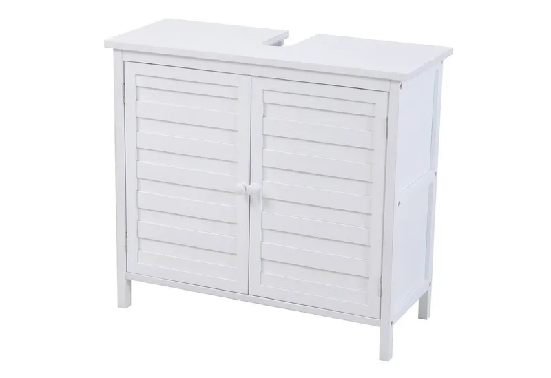SVITA Waschbeckenunterschrank BAMBUS, Siphonausschnitt, 2 Türen, Magnetverschluss, Ablage, Farbwahl Badezimmerschrank, Bambus, Weiß, 67 x 28 x 60 cm, Weiß, – Produktbild 2 von 5