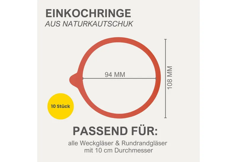 mikken mikken Einmach-Set: 10 Weckringe aus Naturkautschuk & 10 Metallklammern – für Weckgläser Ø 10 cm – Produktbild 7 von 8