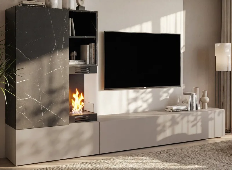 Inn.Furn Wohnwand Cosy, (TV Schrankwand in Marmor und hellem Grau, 6-St., integrierter Kamin, 270 x 158 cm), mit viel Stauraum und Push-To-Open-Funktion, Grau, – Produktbild 5 von 5