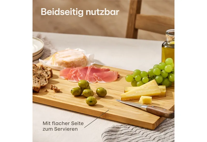 Praknu Schneidebrett Schneidebrett aus Holz Groß XXL - Mit Saftrille - Beidseitig, Bambus, (Schneidebrett mit Saftrille, 1-St., 1 Schneidebrett aus Bambusholz), Beidseitig nutzbar mit Saftrille - FSC®-zertifiziert - robust, Braun, – Produktbild 4 von 5