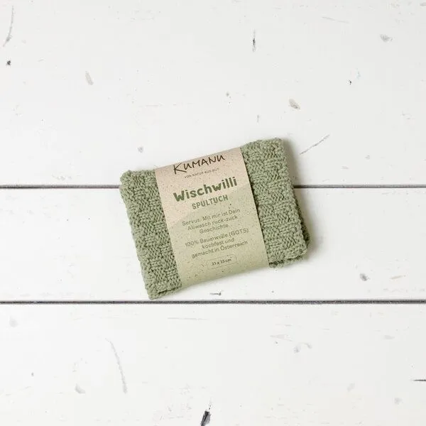 Kumanu - von Natur aus gut Kumanu - von Natur aus gut gestricktes Spültuch "Wischwilli" | 23x23cm | aus Bio-Baumwolle, Graugrün, – Produktbild 1 von 4