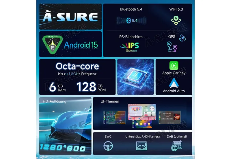A-Sure 10.1" Android 15 Carplay Für VW Golf 7 VII MK7 2013-2017 Autoradio (Digitalradio (DAB), FM, AM), Grau, – Produktbild 3 von 5