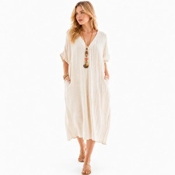 Bruno Barella Bruno Barella Damen Musselin Kleid aus Bio Baumwolle – Oversize Boho Maxi Kleid, Off-white (cremeweiß), – Produktbild 2 von 2