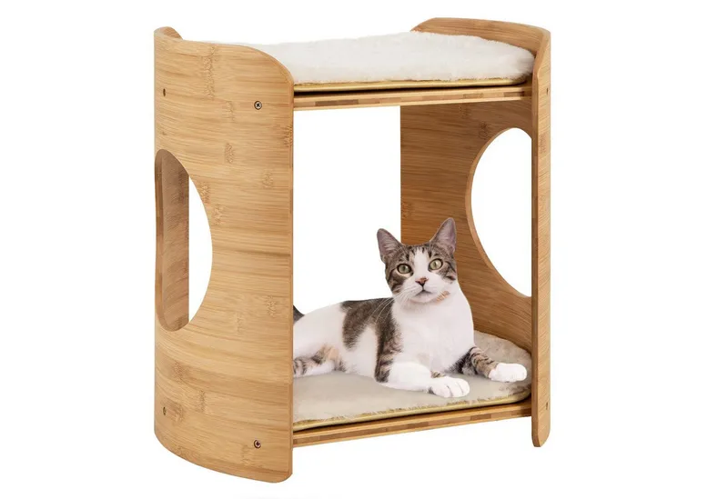 KOMFOTTEU Tierbett, 2 stöckiger Katzenbett, aus Bambus, Beige, – Produktbild 1 von 5