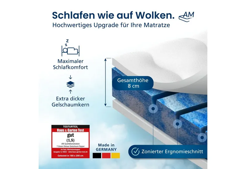 AM Qualitätsmatratzen, Topper 7-Zonen Memory Foam Gelschaum-Topper, Optimale Druckentlastung, RG50, 8 cm hoch, Gelschaum, 80x200 cm, Weiß, – Produktbild 3 von 5