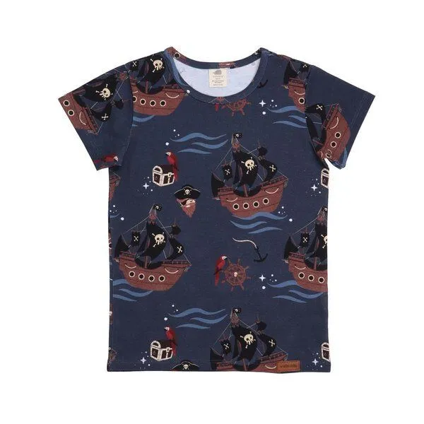 Walkiddy Baby T-Shirt GOTS zertifiziert, Bio-Baumwolle, dunkelblau, Piratenschiff-Muster, weich & bequem – Walkiddy – Produktbild 1 von 2