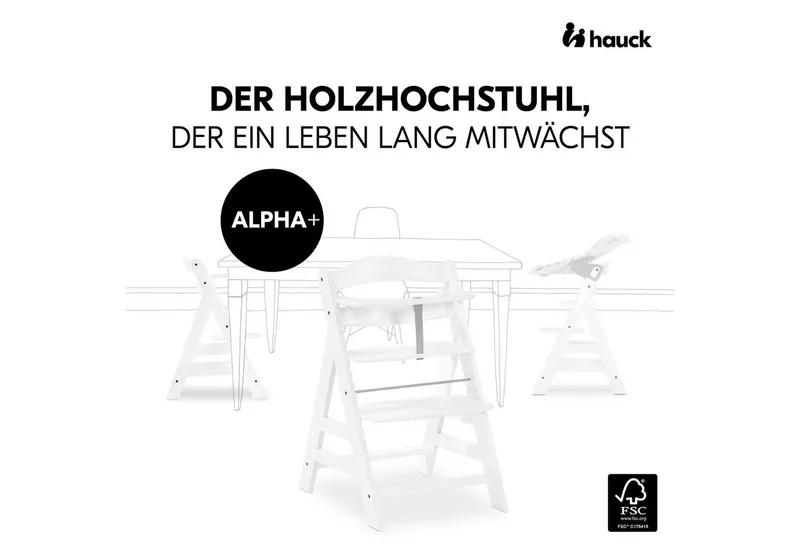Hauck Hauck Hochstuhl Alpha Plus, Mitwachsender Holz Kinderhochstuhl mit Gurt, Schutzbügel & Sitzauflage, Beige|weiß, – Produktbild 2 von 5