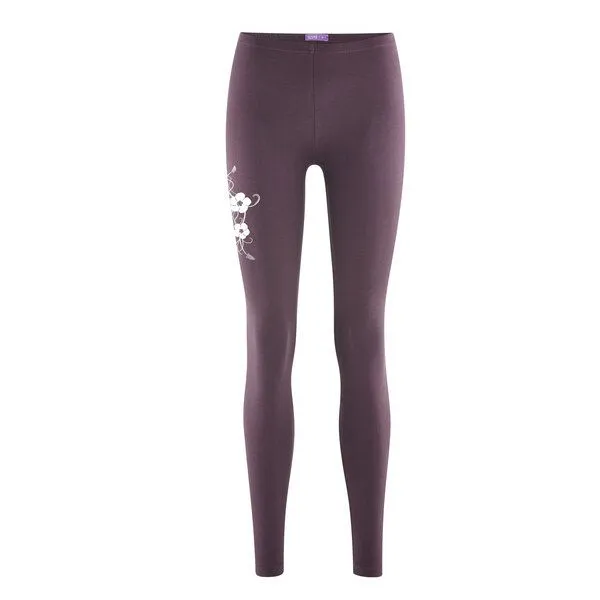 HANDGEDRUCKT HANDGEDRUCKT Leggings aus Biobaumwolle " Hibisken", Dark prune, – Produktbild 1 von 2