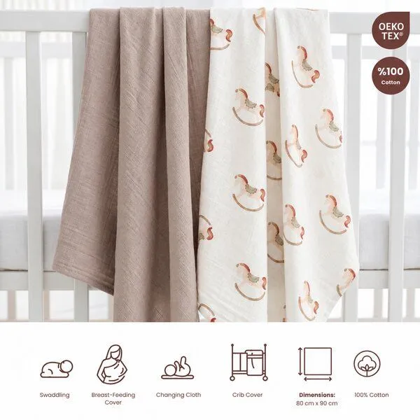 Bebekevi Bebekevi Spucktuch - Multitücher - Decke Müsselin 80 × 90 cm - 2er set - 100 % Baumwolle, Beige-pferd, – Produktbild 2 von 2