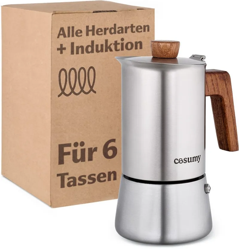 Cosumy Espressokocher, Induktionsgeeignet, FSC-zertifiziertes Eichenholz, Silberfarben, – Produktbild 2 von 5