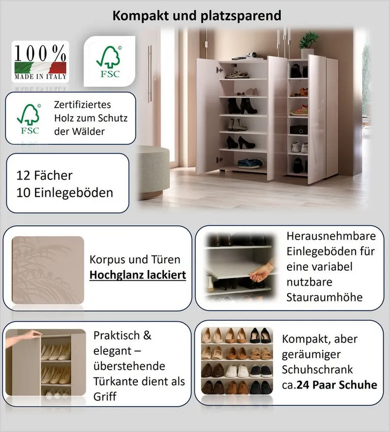 Home affaire Schuhschrank MISTER- Schuhregal, Made in Italy, 12 Fächer, 10 Einlegeböden (120x34x114 cm) Komplett in Hochglanz lackiert, mit Platz für ca. 24 paar Schuhe, Beige, – Produktbild 4 von 5