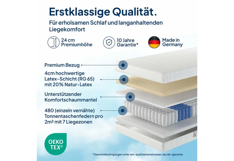 Taschenfederkernmatratze 7-Zonen Federkernmatratze mit Latex, Premium Latex-Matratze, Langlebig, AM Qualitätsmatratzen, 24 cm hoch, 90x200 cm – Produktbild 3 von 5