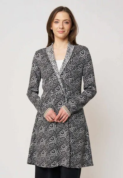 LANA Organic LANA Organic knielange Strickjacke - Jaquardmuster für Damen, Modell Jolina lang, Luana schwarz - ecru, – Produktbild 2 von 4