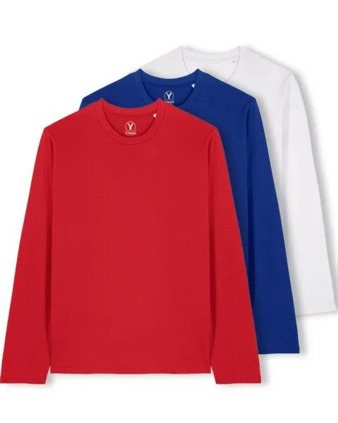 YTWOO YTWOO 3er Pack Unisex Basic Langarmshirts aus Bio-Baumwolle | Longsleeve | verschiedene Farbkombi | Mehrfachpack, Blau-rot-weiß, – Produktbild 1 von 3