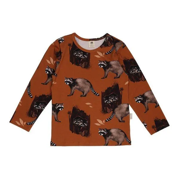 Walkiddy Walkiddy Kinder Langarmshirt GOTS zertifiziert, 95% Bio-Baumwolle, braun, Waschbär-Muster, weich & elastisch, Braun, – Produktbild 1 von 3