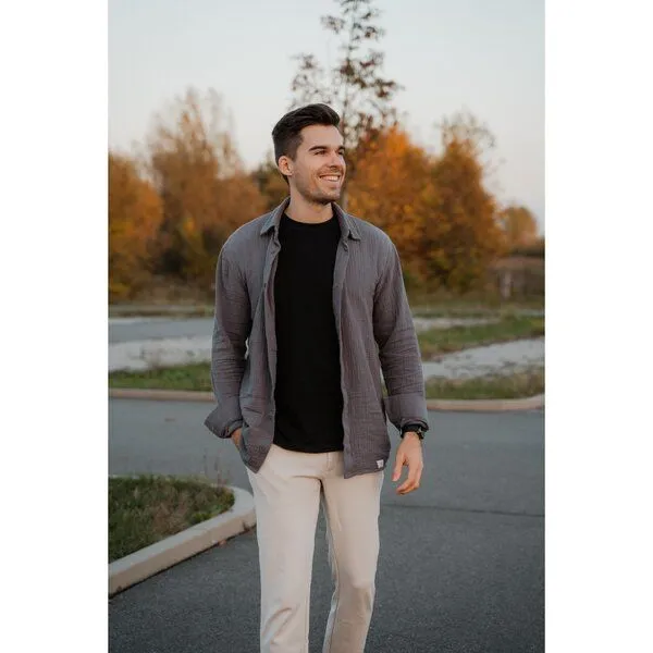 Hutch&Putch Hutch&Putch Langarm Musselin Herrenhemd - Business Casual Freizeit - aus 100% Bio-Baumwolle, Anthrazit, – Produktbild 2 von 4