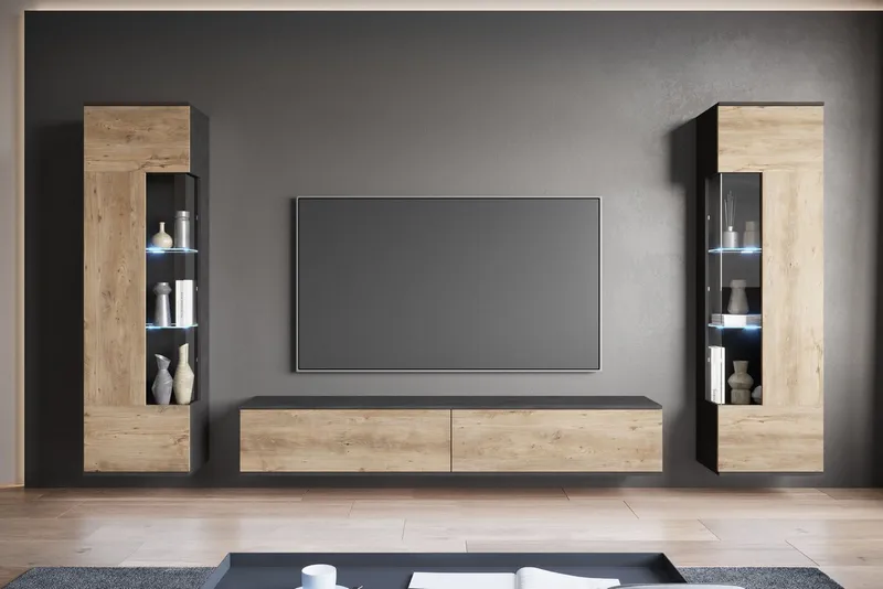 OTTO home Wohnwand Kenia, Vitrine Türanschlag links/rechts wechselbar, (3-St), Vitrinen mit Eckverglasung, hängend und stehend montierbar, Schwarz, – Produktbild 2 von 7