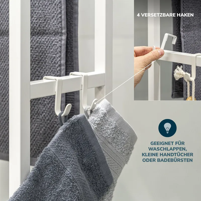 eluno Handtuchständer Badetuchhalter freistehend, mit 2 Bambus-Stangen, 4 Haken, Weiß, – Produktbild 1 von 5