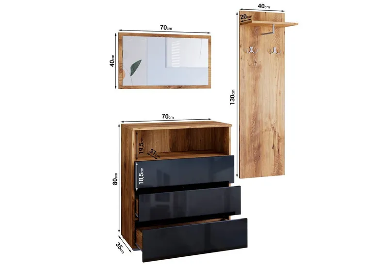 OTTO home Garderoben-Set PARIS/ TOKYO, (Komplett-Set, 3-St), Garderoben- Set Breite 140cm, hochkant oder quer montierbar Spiegel, Schwarz, – Produktbild 4 von 4