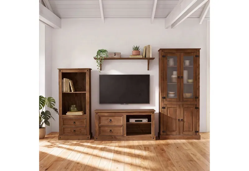 OTTO home Wohnwand Mexiko Vitrine, Regal und TV-Board mit Metallgriffen, (Set, 3-St), bestehend aus 1 Vitrine, 1 Lowboard und 1 Regal, ohne Wandboard, Braun, – Produktbild 1 von 5