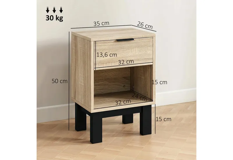 HOMCOM HOMCOM Nachttisch Nachttisch, Nachtschrank mit Schublade, offenes Fach, Eiche (Nachtschrank, 1-St., Nachtkommode), für Schlafzimmer, Wohnzimmer, Eiche, 35 x 26 x 50 cm, Beige, – Produktbild 3 von 5