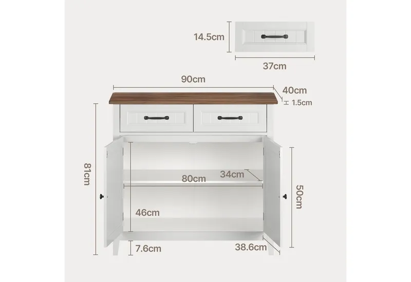 Blishom Buffet Sideboard Küchenschrank mit 2 Schubladen, 90 x 40 x 82 cm Die Einlegeböden sind verstellbar, Retrofarbe, – Produktbild 2 von 5