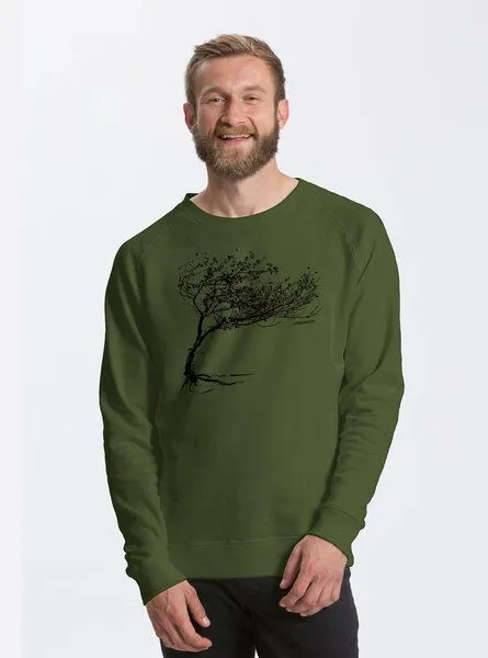 Peaces.bio - handbedruckte Biomode Peaces.bio - handbedruckte Biomode Bio Herren-Sweatshirt Windy Tree, Waldgrün, – Produktbild 1 von 2