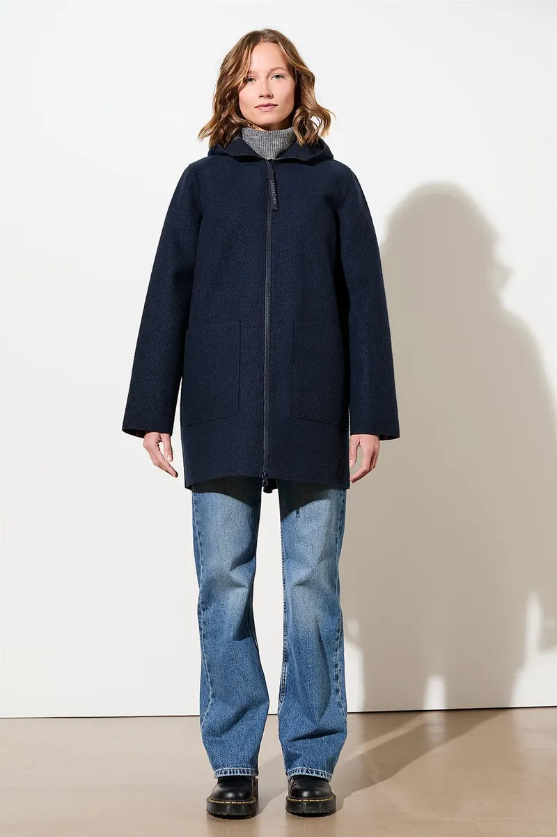 LangerChen Kapuzenjacke aus Wollwalk, Navy, – Produktbild 1 von 4