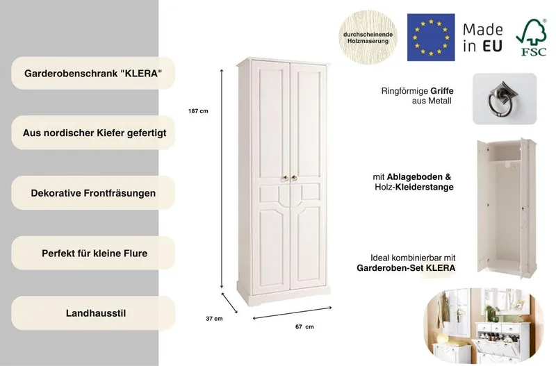 OTTO home Garderobenschrank (Made in Europe) Breite 67 cm, aus massiver Kiefer, FSC®-zertifiziert, Weiß, – Produktbild 1 von 5