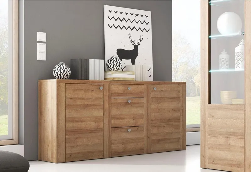 OTTO home Sideboard Larona, zeitlose Kommode mit 2 Türen, 3 Schubkästen, Türkommode, Höhe 84 cm, viel Stauraum, Anrichte mit dekorativer Rahmenoptik, Beige, – Produktbild 1 von 5