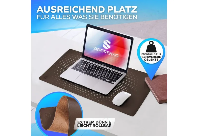 MAXLVL Gaming Mauspad Schreibtischunterlage - Mauspad mit Vernähte Kanten - abwaschbar (in 80x40 cm / 60x35 cm, Schreibtisch Unterlage für Büro), Tischunterlage Schreibtisch aus PU-Leder, Braun, – Produktbild 5 von 5