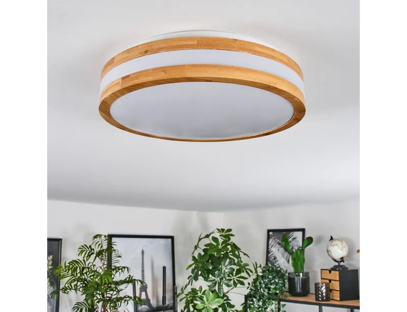 hofstein Deckenleuchte moderne Deckenlampe aus Metall/Bambus/Kunststoff in Weiß/Natur, LED wechselbar, 3000 Kelvin, Leuchte im angesagten Boho-Design (28, 5cm), 1700 Lumen, LED 16 W, Beige|weiß, – Produktbild 2 von 5