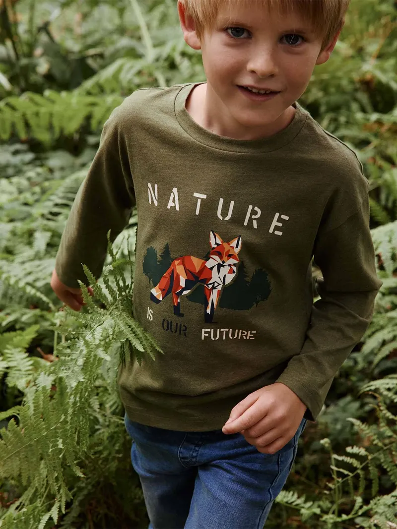 Vertbaudet Jungen Langarmshirt mit Fuchs-Print, Grün meliert, – Produktbild 1 von 4