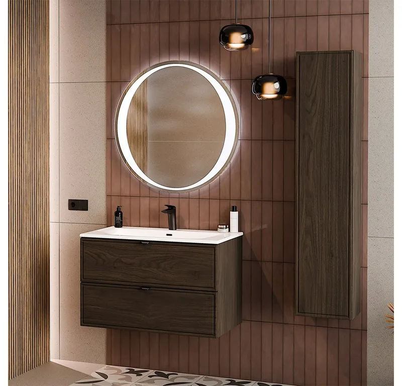 Lomadox Badmöbel-Set TEMUCO-56-WALNUT, (Spar-Set, 3-St., LED-Spiegel Waschtisch Hochschrank), in Walnuss mit Rahmenfräsung, wandhängend, Braun, – Produktbild 1 von 5
