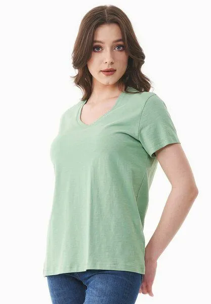 ORGANICATION ORGANICATION Damen Basic T-Shirt aus Bio-Baumwolle mit V-Ausschnitt, Matcha green, – Produktbild 4 von 4