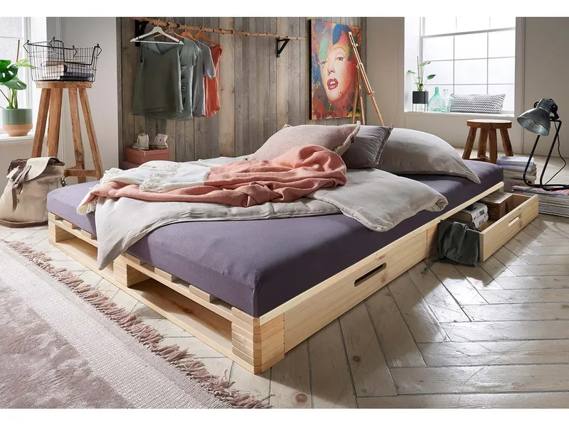 Infantil Infantil Palettenbett mit zwei Schubkästen 140 x 200 cm, Kiefer unbehandelt – Produktbild 1 von 1