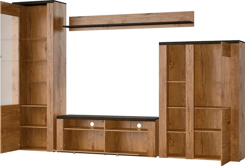 OTTO home Wohnwand Larona, Anbauwand, Set 4 Teilig, (Set, 4-St), bestehend aus 1 TV-Board, 1 Highboard, 1 Vitrine, 1 Wandregal, Braun, – Produktbild 4 von 5