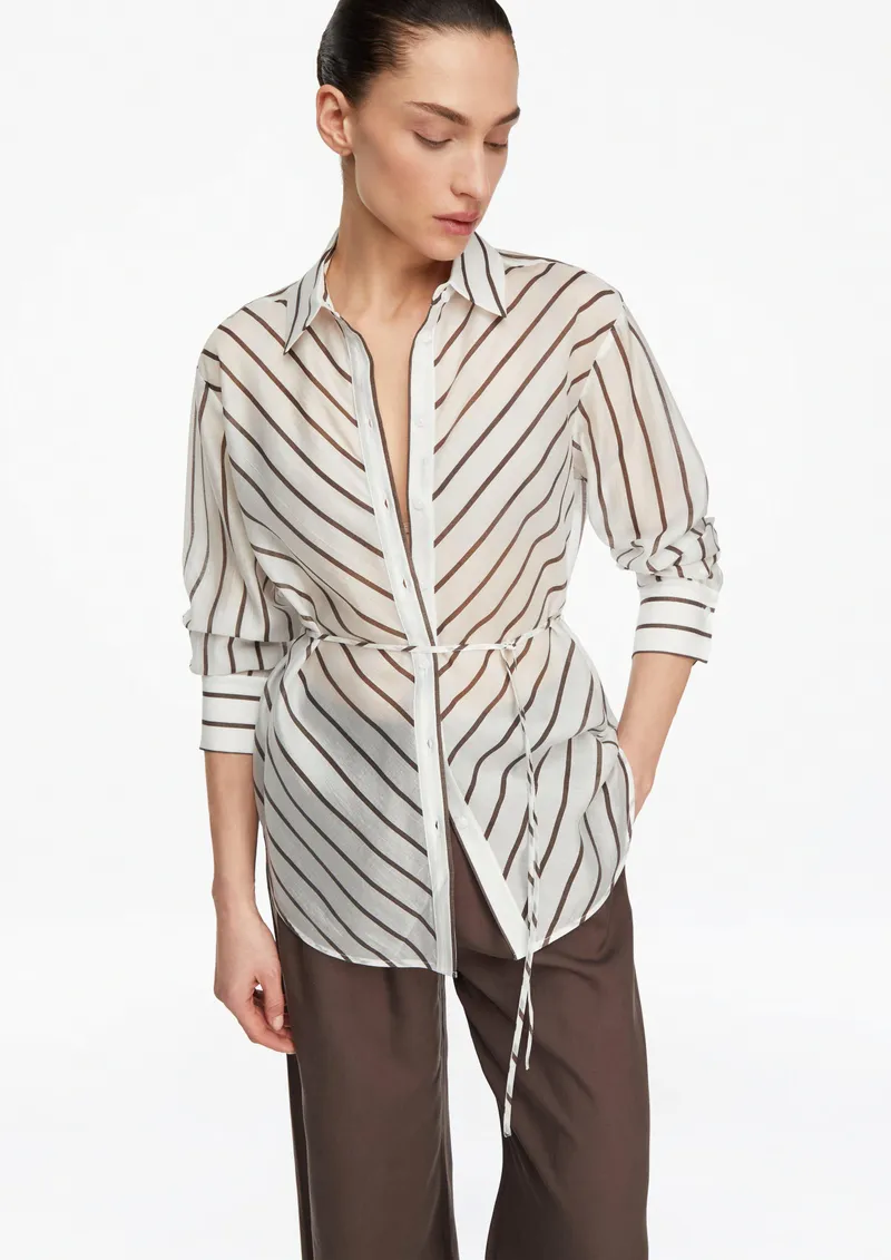comma comma Semitransparente Lyocellmix-Bluse mit Gürtel, Weiß|braun, – Produktbild 2 von 3