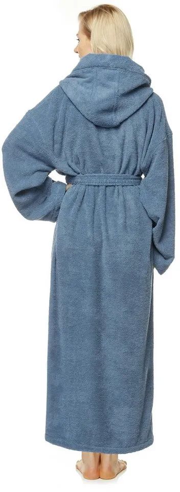 Arus Arus Damenbademantel Astra, pflegeleicht, wadenlang oder extralang für Spa & Sauna, 100% Baumwolle, Kapuze, Gürtel, mit Kapuze, wadenlang oder extra lang, 100% Baumwolle, Blau|grau, – Produktbild 4 von 5