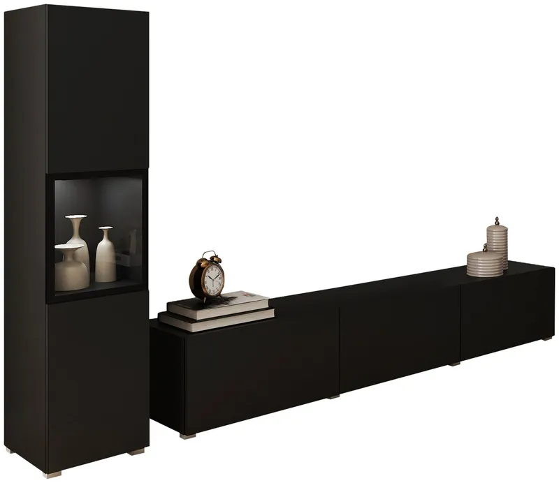 Home affaire Wohnwand BERLIN I, Vitrine Türschlag links/rechts wechselbar, (Komplett-Set, 2-St), moderne grifflose Mediawand Breite 220 cm, Vitrine mit Verglasung, Schwarz, – Produktbild 1 von 6