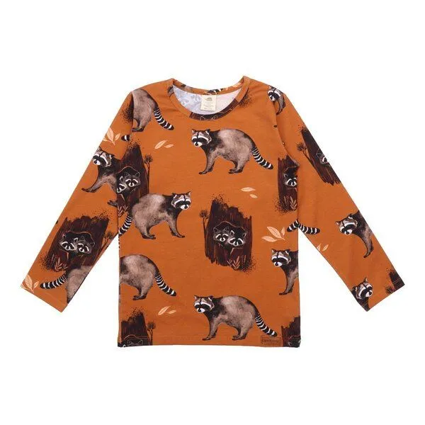 Walkiddy Kinder Langarmshirt GOTS zertifiziert Bio-Baumwolle, Braun, Waschbären-Muster, Walkiddy – Produktbild 1 von 2