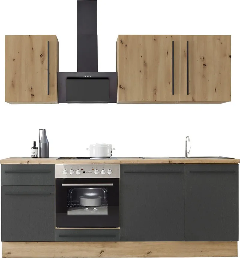KOCHSTATION Küchenzeile Florida mit 38mm starker Arbeitsplatte, Breite 220 cm, wahlweise mit E-Geräten, Soft-Close-Funktion, Schwarz, – Produktbild 2 von 5