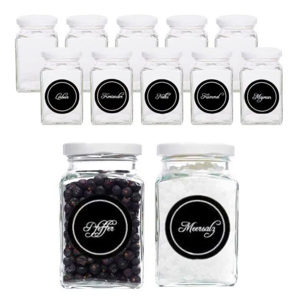 mikken mikken 12er Set Gewürzgläser 260 ml mit Blueseal Deckel und Gewürzetiketten, Weiss, – Produktbild 2 von 6