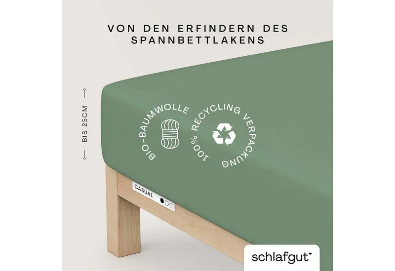 Schlafgut Schlafgut Spannbettlaken CASUAL Bettlaken 100% gekämmte Bio-Baumwolle, 150 g/m², Spannbetttuch, Jersey, Gummizug: rundum, (1 Stück), Bettlaken bis 25 cm Höhe, langlebig, weich, Antipilling-Ausrüstung, Grün, – Produktbild 2 von 5