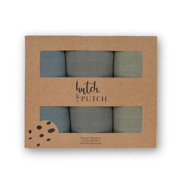 Hutch&Putch Hutch&Putch 3er-Set Musselin-Mulltuch aus Bio-Baumwolle in 120x120cm • einfarbige Mulltücher, Graublau/anthrazit/salbeigrün, – Produktbild 1 von 4