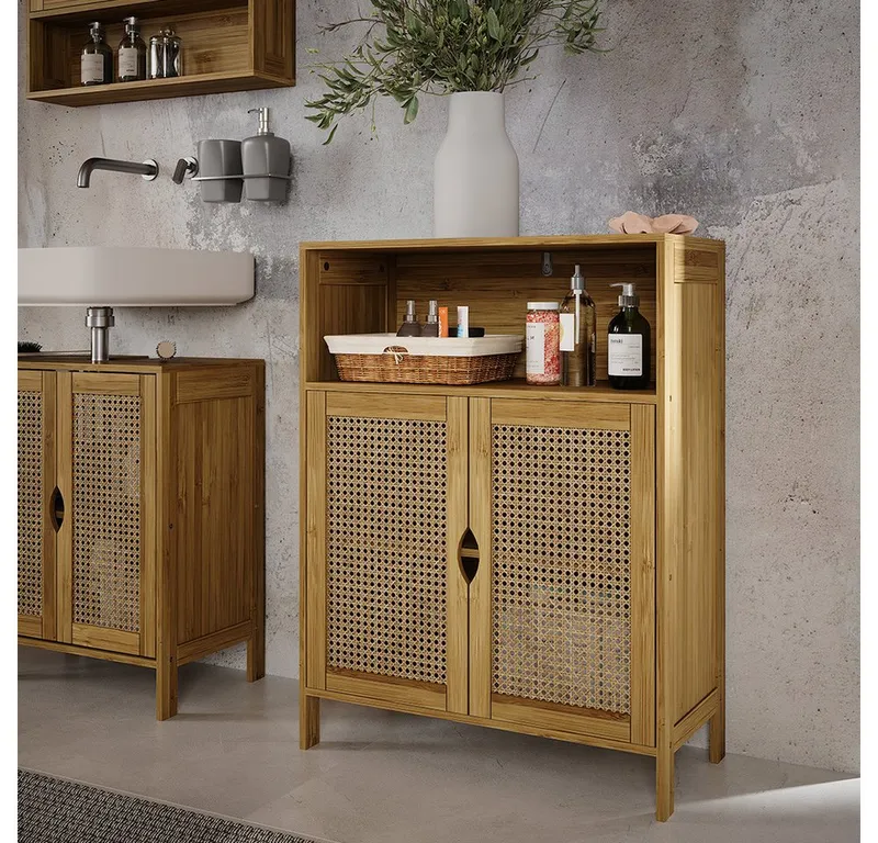 Vicco Midischrank Liora, Bambus/Rattan/Schwarz, 60 x 80 cm (1-St), Braun, – Produktbild 3 von 5