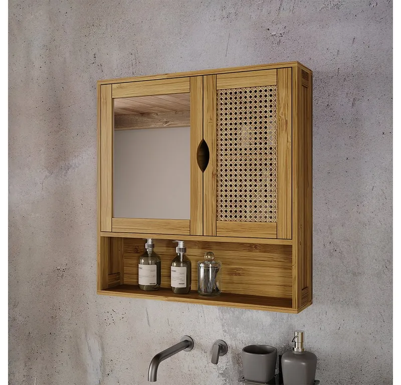 Vicco Badezimmerspiegelschrank Liora, Bambus/Rattan, 56 x 58 cm mit Spiegel (1-St), Braun, – Produktbild 3 von 5